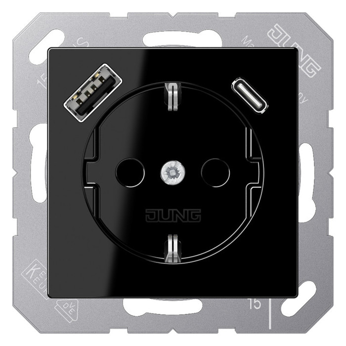 Розетка с USB Jung A 500, скрытый монтаж, с заземлением, черный, A1520-15CASW