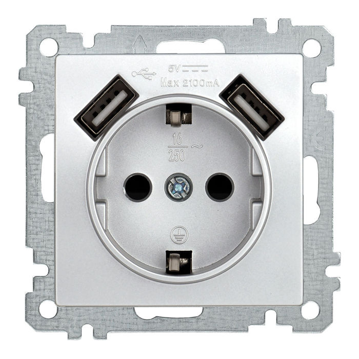 Розетка с 2xUSB IEK BOLERO, скрытый монтаж, с заземлением, со шторками, серебряный, ERB14-K23-16-U2