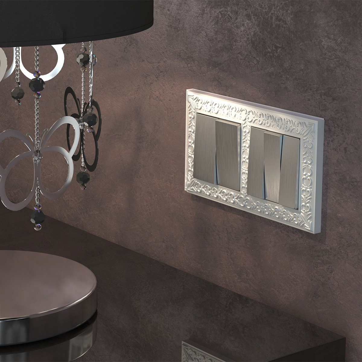 Выключатель двухклавишный (cеребряный рифленый) W1120009