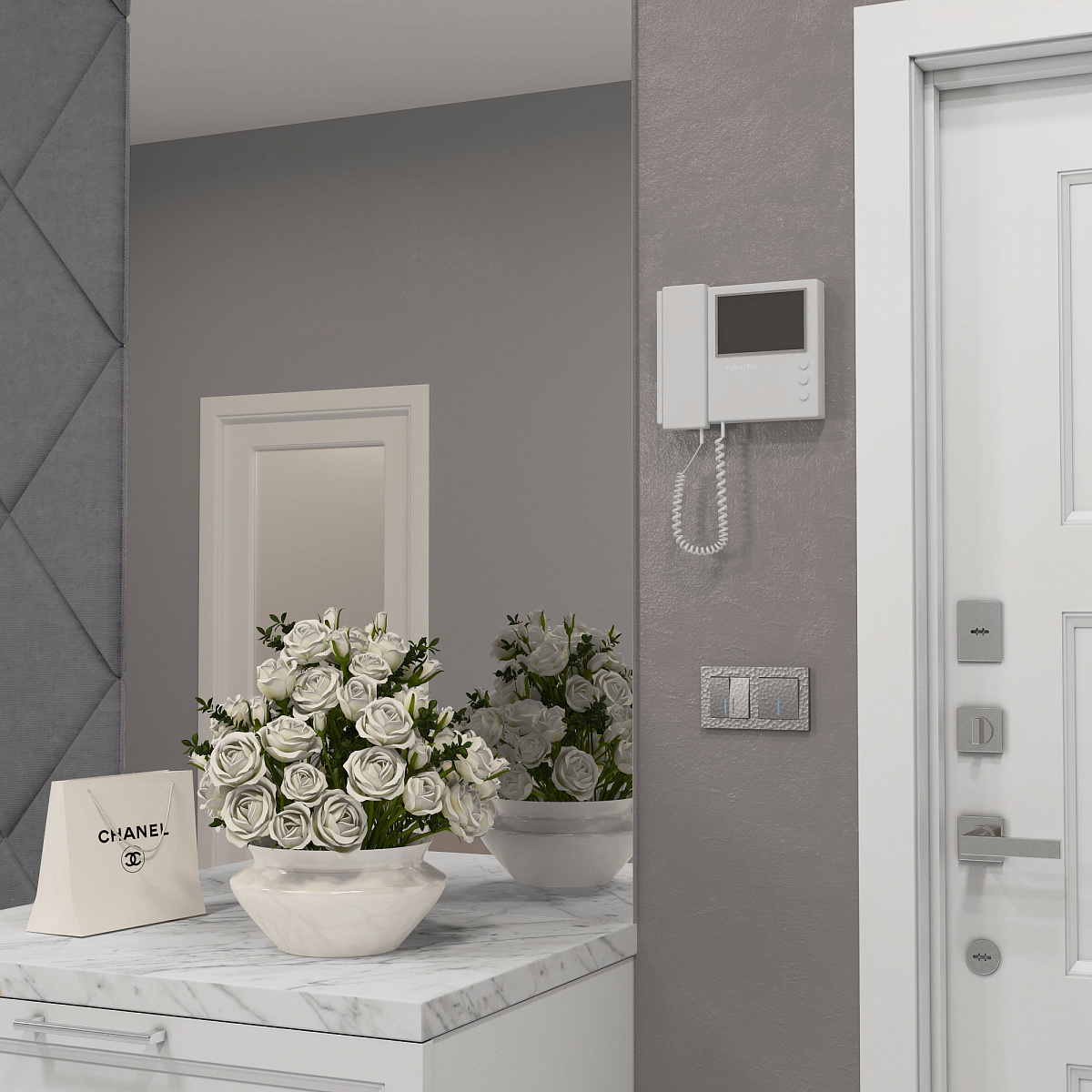 Выключатель двухклавишный проходной с подсветкой серебряный W1222106