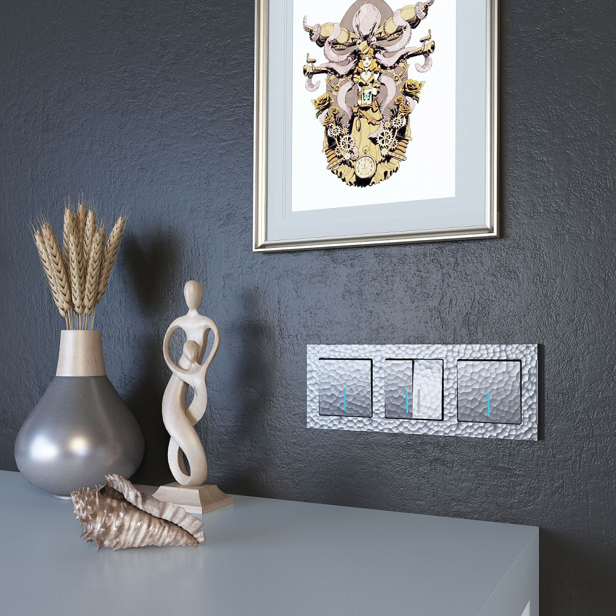 Выключатель двухклавишный проходной с подсветкой серебряный W1222106